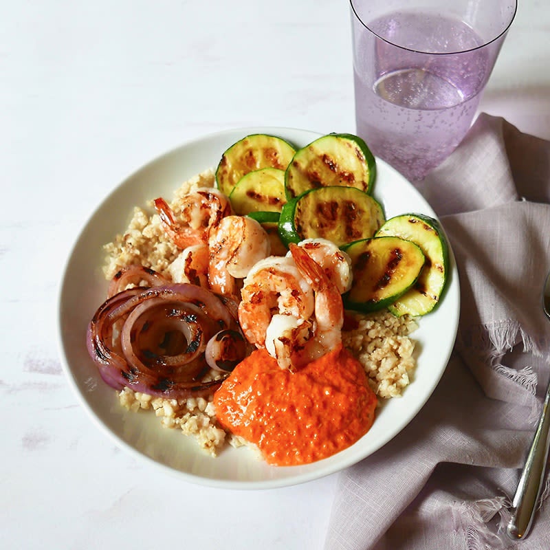 Photo of Cauliflower rice bowl with grilled shrimp and romesco by WW