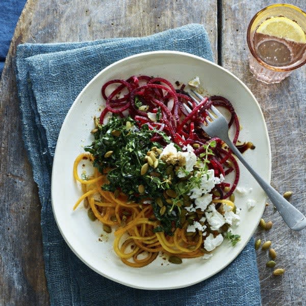 Photo of Beet and butternut “noodles” with kale and feta by WW