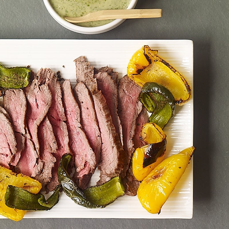Photo of Broiled steak and peppers with easy spicy green sauce by WW