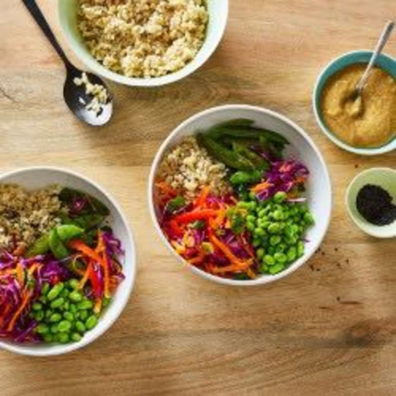 Photo of Snap pea, edamame and brown rice bowl with miso-ginger sauce by WW