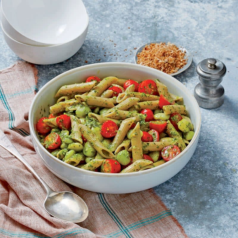 Photo of Gemelli with tomatoes, limas, and arugula pesto by WW