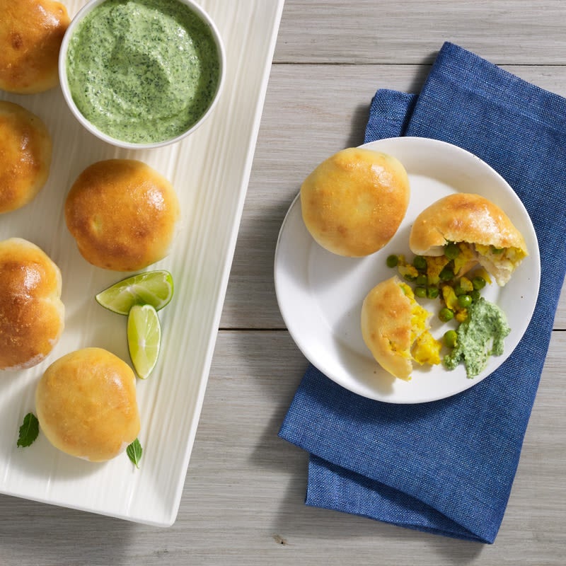 Photo of Samosa bombs with cilantro-mint sauce by Chef Eric Greenspan by WW