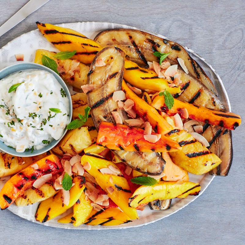 Photo of Grilled tropical fruit with creamy lime-mint and mango sauce by WW